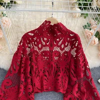 sexy lace hollow out short blouse casual lantern long sleeve stand collar shirts female elegant redpinkwhite loose tops 2022