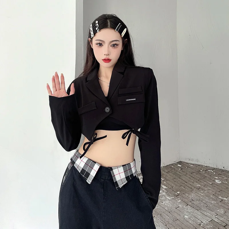 

Новое поступление весны 2023, Темный Короткий женский топ, Высококачественная короткая куртка с длинным рукавом и открытым животом