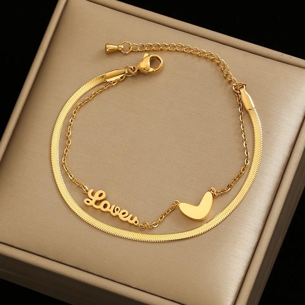 

Luxury Famous Brand Jewelry Double Heart Letter LOVE Anklet Women Gold Color Stainless Steel Ladies Jewelry Not Fade