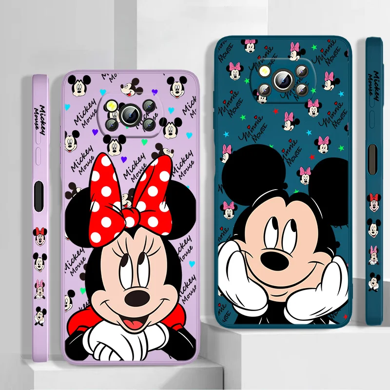 

Cute Cartoon Disney Mickey Minne For Xiaomi POCO F3 X4 X3 NFC GT X2 C31 C3 M2 M3 M4 Pro Liquid Left Rope Silicone Phone Case