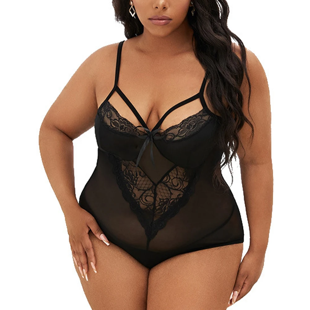 

Plus Size Women Sexy Black Mesh Lingerie G-string Sleepwear Nightwear Underwear Lace Suspender XL-4XL