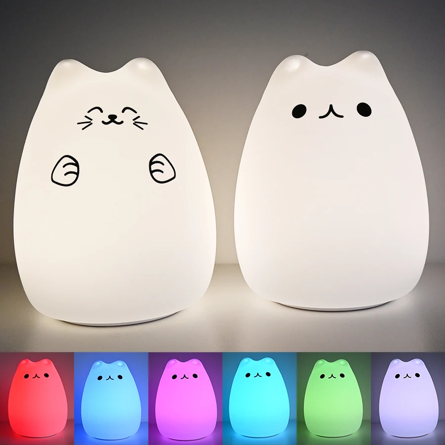 Cat LED Night Light Touch Sensor Colorful Nursery USB Rechargeable Cartoon Silicone Lamp Bedroom for Children Kids Baby Gift