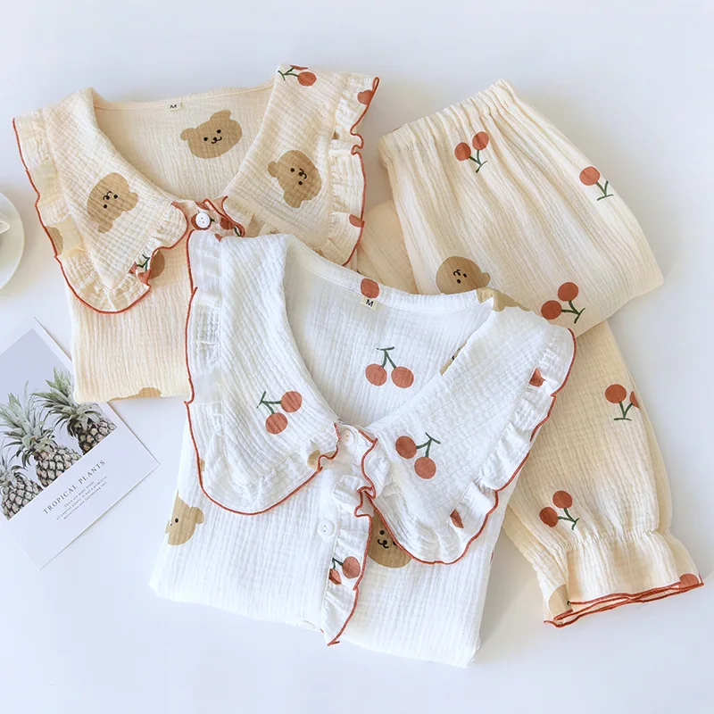 Big doll Collar Pajamas Set Women Korean Version Soft Cotton Crepe Long Sleeves fungus Four Seasons Thin Two Piece Home Clothes