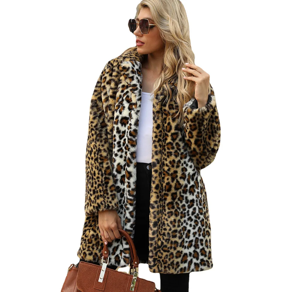 Fahion Vintage Long Coat  Women's Autumn and Winter New Leopard Print Suit Collar Medium Long Faux Fur Coat Top Women