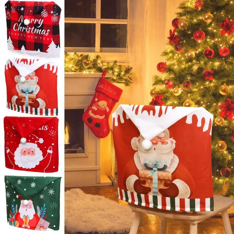 

Рождественский чехол на стул, красная шляпа Санта-Клауса, обеденные чехлы на стулья, необычная шляпа, чехол на сиденья, чехлы