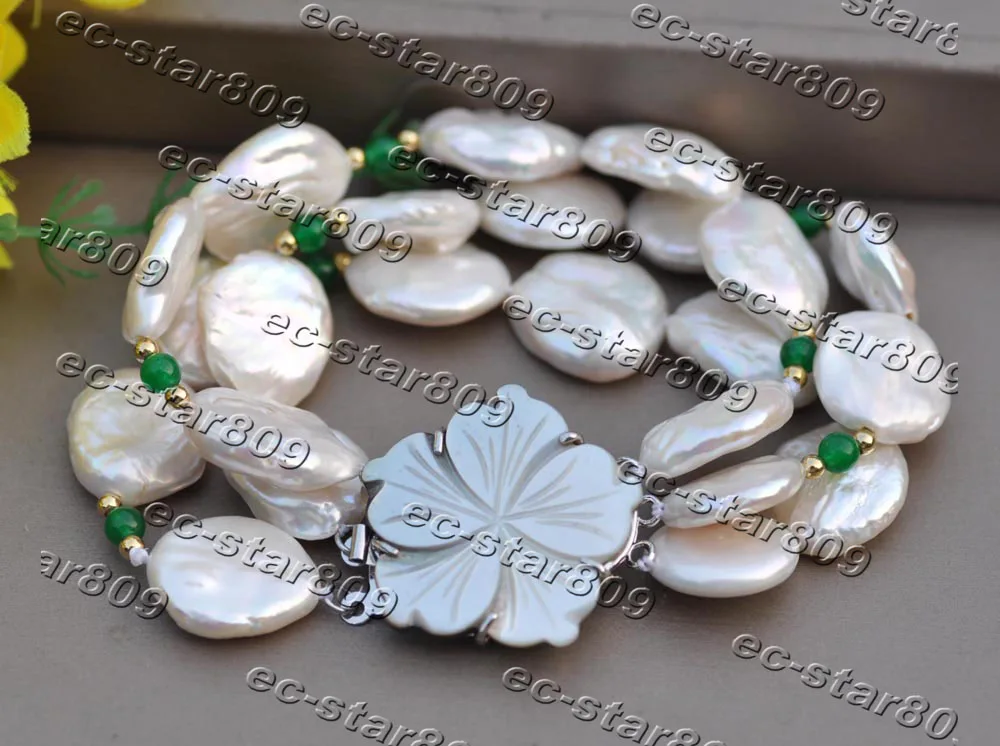 

MCT·STAR Z11421 3Row 8" 16mm White Coin Freshwater Pearl Jade Bead Bracelet