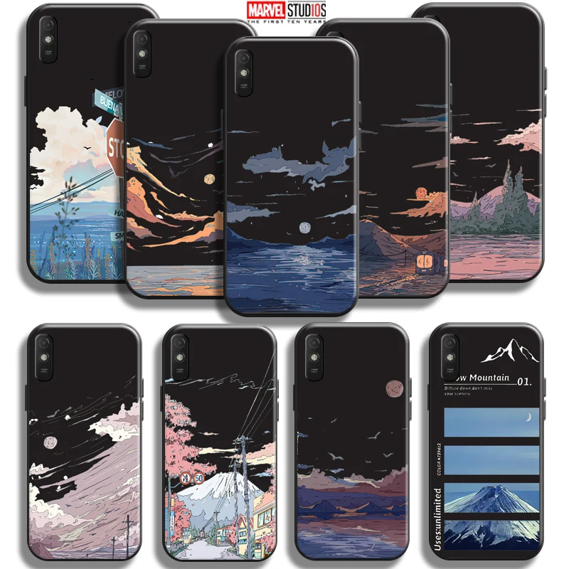 

Landscape Painting Phone Case For Xiaomi Redmi 9A 9AT Coque Liquid Silicon Silicone Cover TPU Back Carcasa Black Funda
