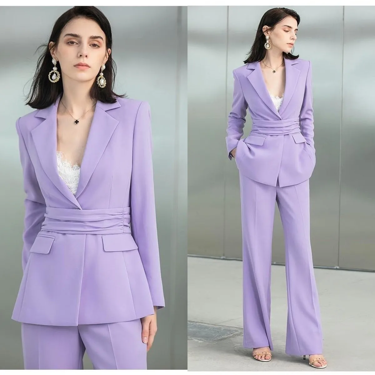 

Elegant Lilac Mother of Bride Suits for Wedding 2 Pieces Peaky Lapel Jacket with Sash Pants Set Social Business Office Wear
