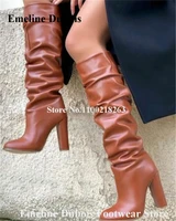 sexy knee high chunky heel boots emeline dubois round toe brown white matte leather long thick heel dress boots party heels
