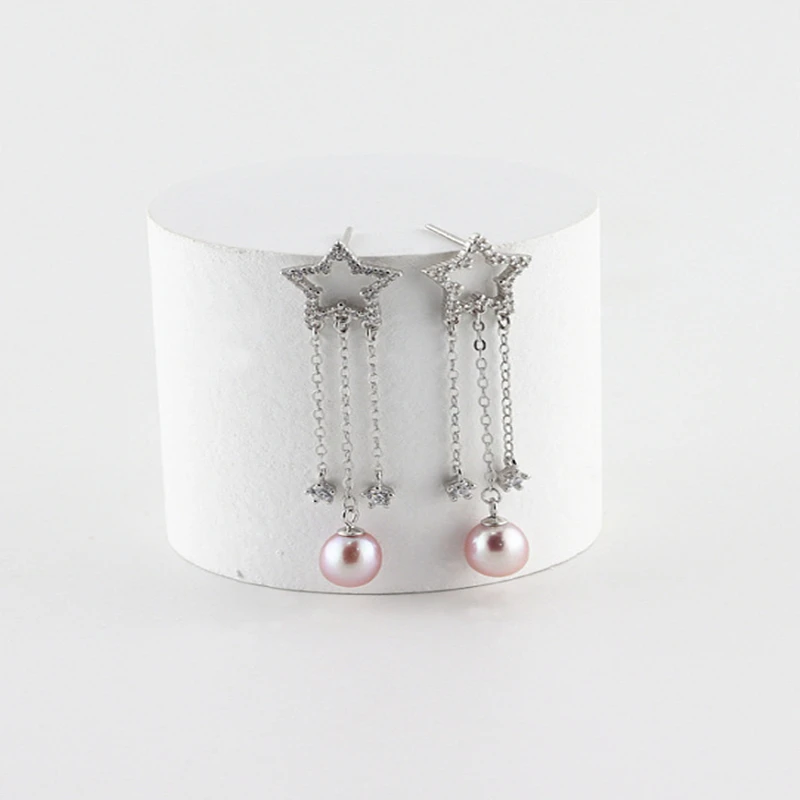 

S925 Sterling Silver New Simple Versatile Long Pearl Pentagram Zircon Stud Earrings, Luxury Gifts For Women