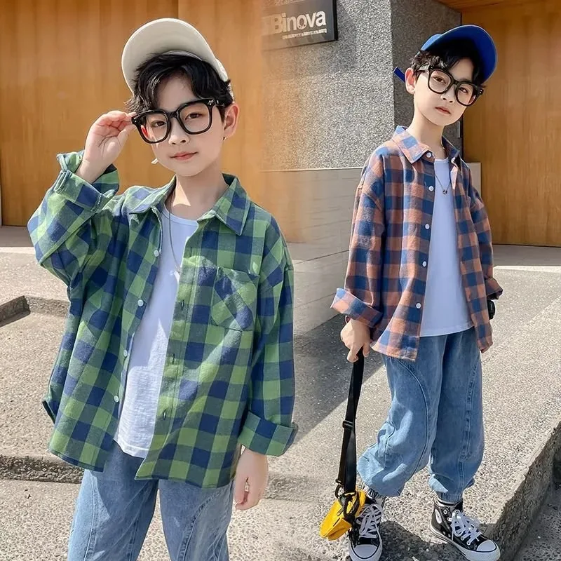 

Baby Boy Shirt Kids Long Sleeved Blouses Cotton Children Plaid Shirts Teenager Boys Casual Tops Autumn Spring