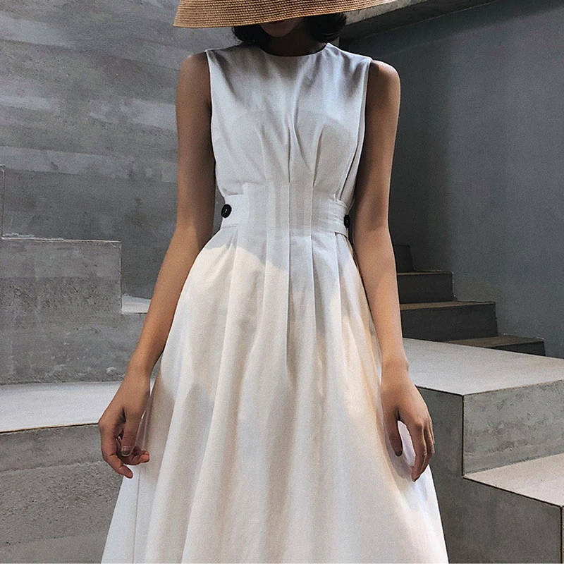 

2022 Summer Women Solid White Black Fashion Elegant Casual Party Dress O Neck Sleeveless Tank Sundress Female Waist Retraction