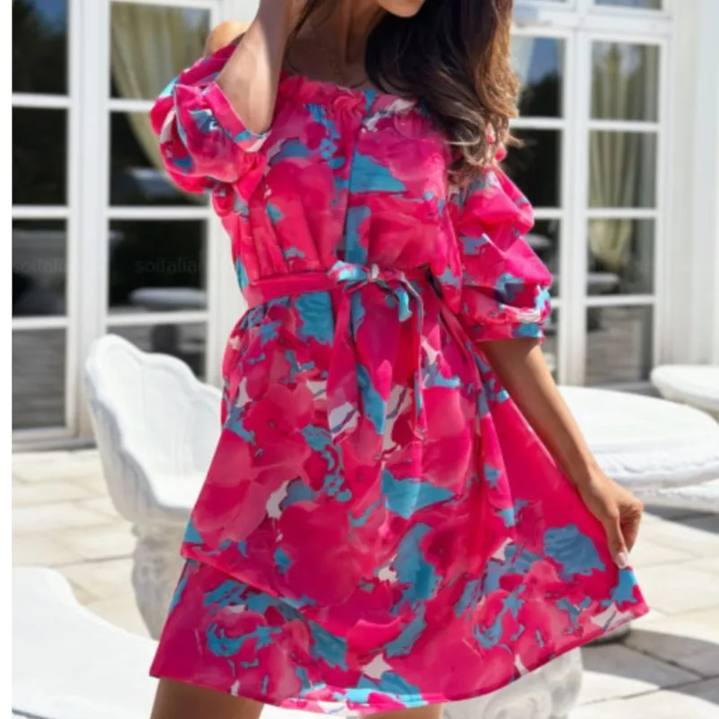 

Women's Fashion Summer Simple One Shoulder Short Sleeve Printed Dress 2023 Elegant Women's One Neck Lace Up Beach Mini Vestidos