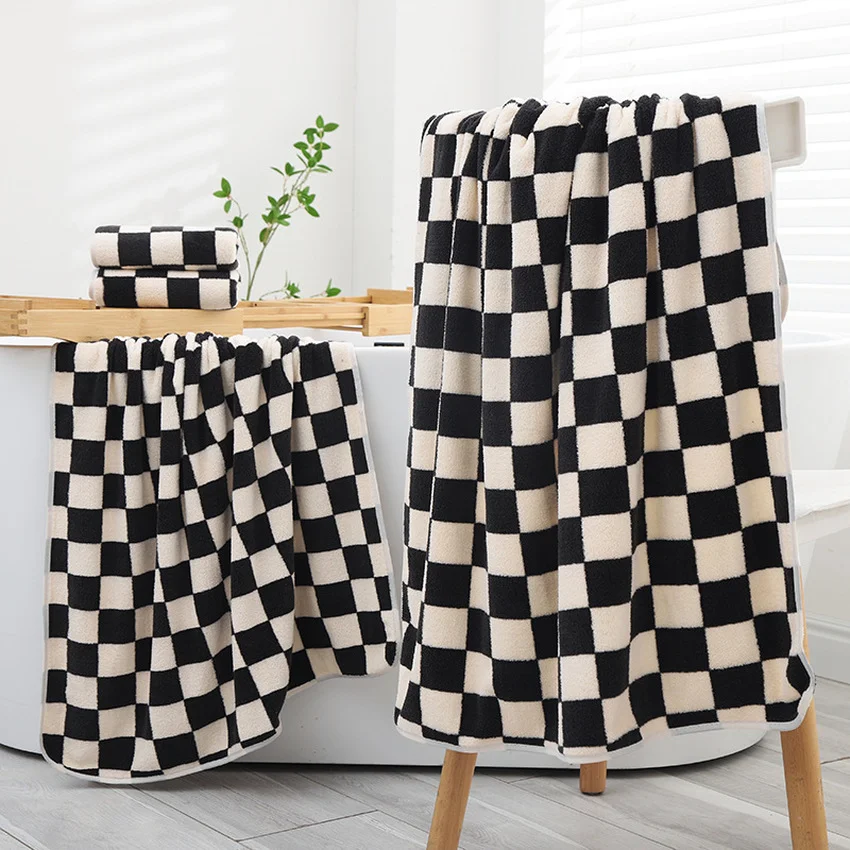 

Checkerboard Towels Polyester Cotton Face Towel Household Large Towel Bathing Cover Soft Good Absorption