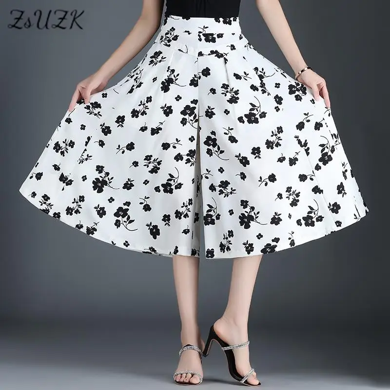 

ZUZK Summer Printed Chiffon Capris Pants Skirt 2023 Women Loose Elastic High Waist Casual Vintage Elegant Wide Leg Trousers