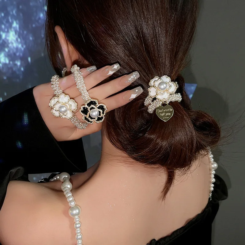 

Women Fashion Pearl Elastic Scrunchies Girls Camellia Hairband Beads Rope Rubber Ponytail Holder Band Hair Accessories Heawear