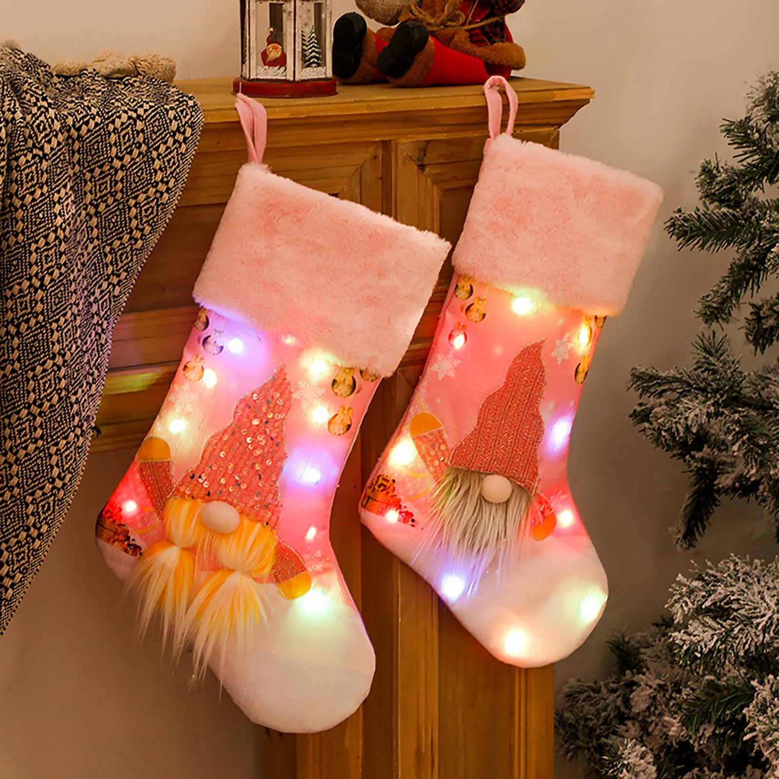 

2021 Pink Christmas Stocking Fabric Santa Claus Sock Gift Kids Candy Bag With Lights Glowing Rudolph Navidad Hanging Sock Decor