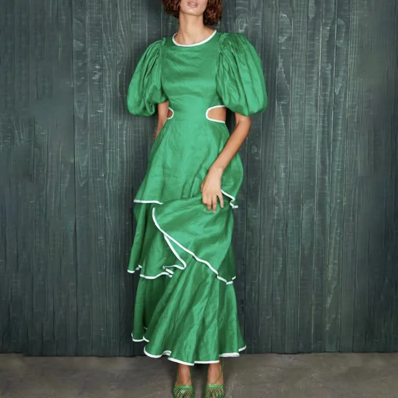 

Cake Dress 2022 Autumn New Round Neck Bubble Sleeve Waist Hollow Long Dress