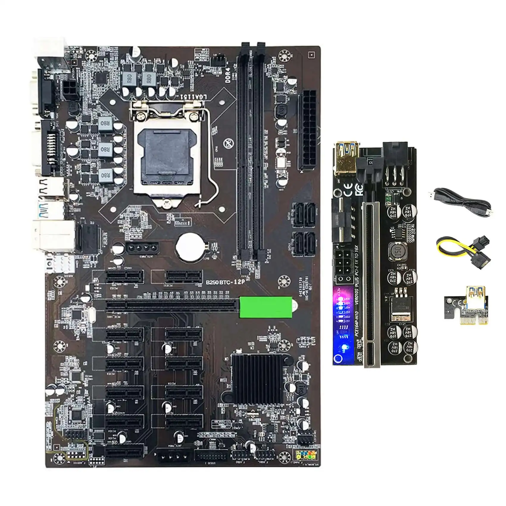 

BTC B250 Mining Motherboard with VER010S PLUS Riser 12XGraphics Card Slot LGA 1151 DDR4 USB3.0 for BTC Miner Mining
