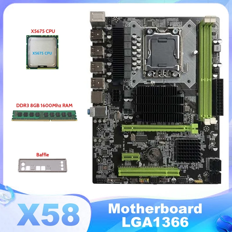 

X58 Motherboard LGA1366 Computer Motherboard Support XEON X5650 X5670 Series CPU With X5675 CPU+DDR3 4GB 1066Mhz RAM