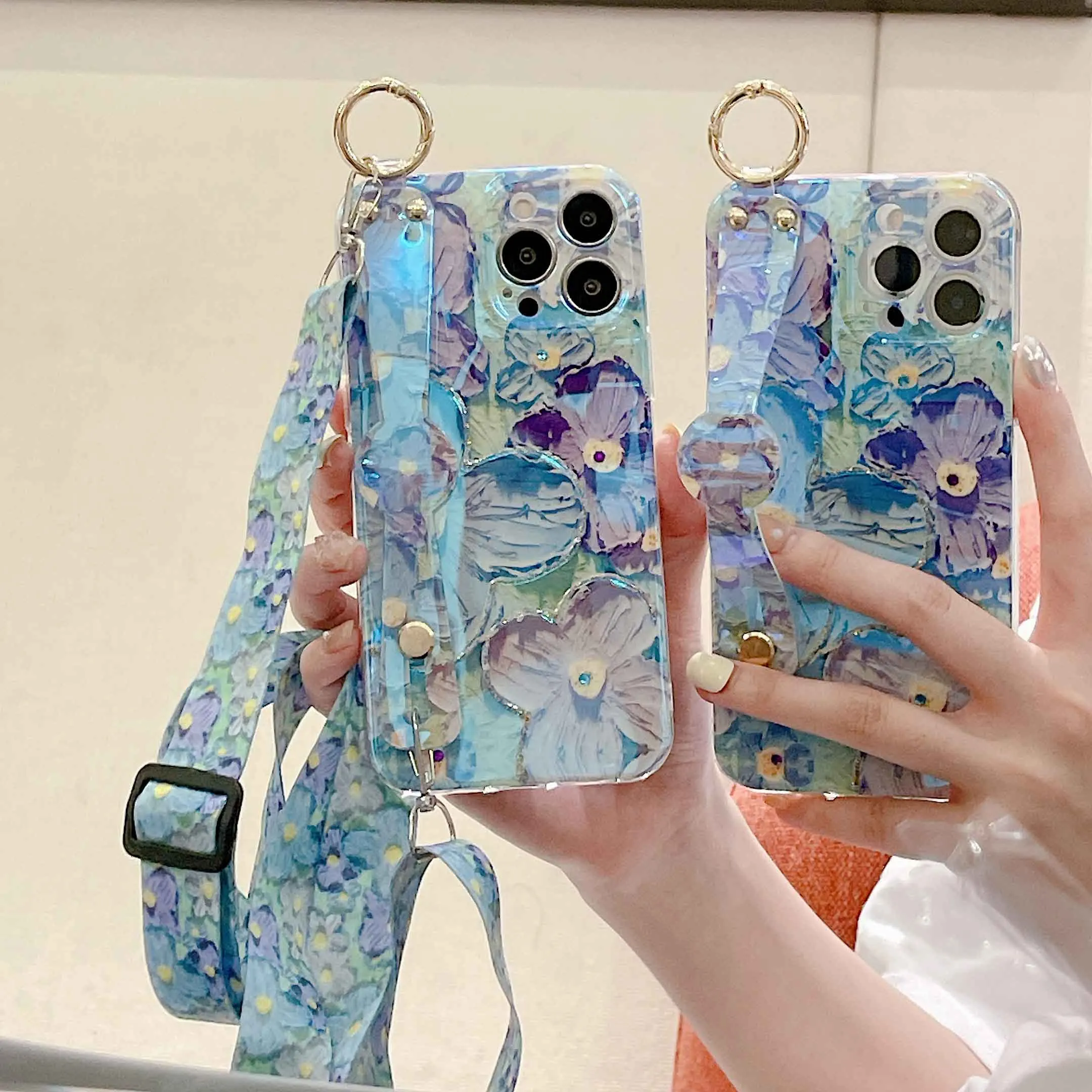 

Lanyard Case For Huawei Mate 40 Pro RS Blu-ray Purple Flowers Soft Silicone Holder Stand Cute Phone Cover Huawei Mate 30 Pro