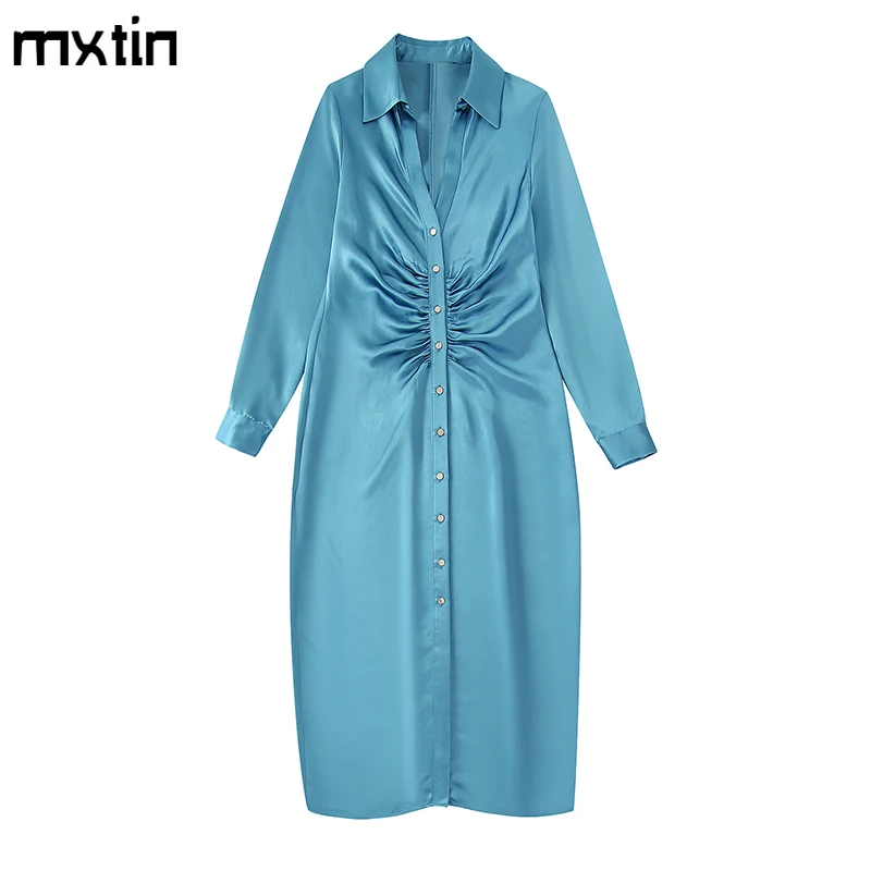 

Женское атласное платье миди на пуговицах, однотонное винтажное вечернее платье с отложным воротником и длинным рукавом, со складками, весна 2022