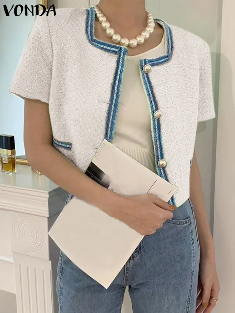 

Женский блейзер VONDA с лентами в стиле пэчворк, модные пальто 2023, Летние повседневные однотонные элегантные топы на пуговицах с коротким рукавом, уличная одежда