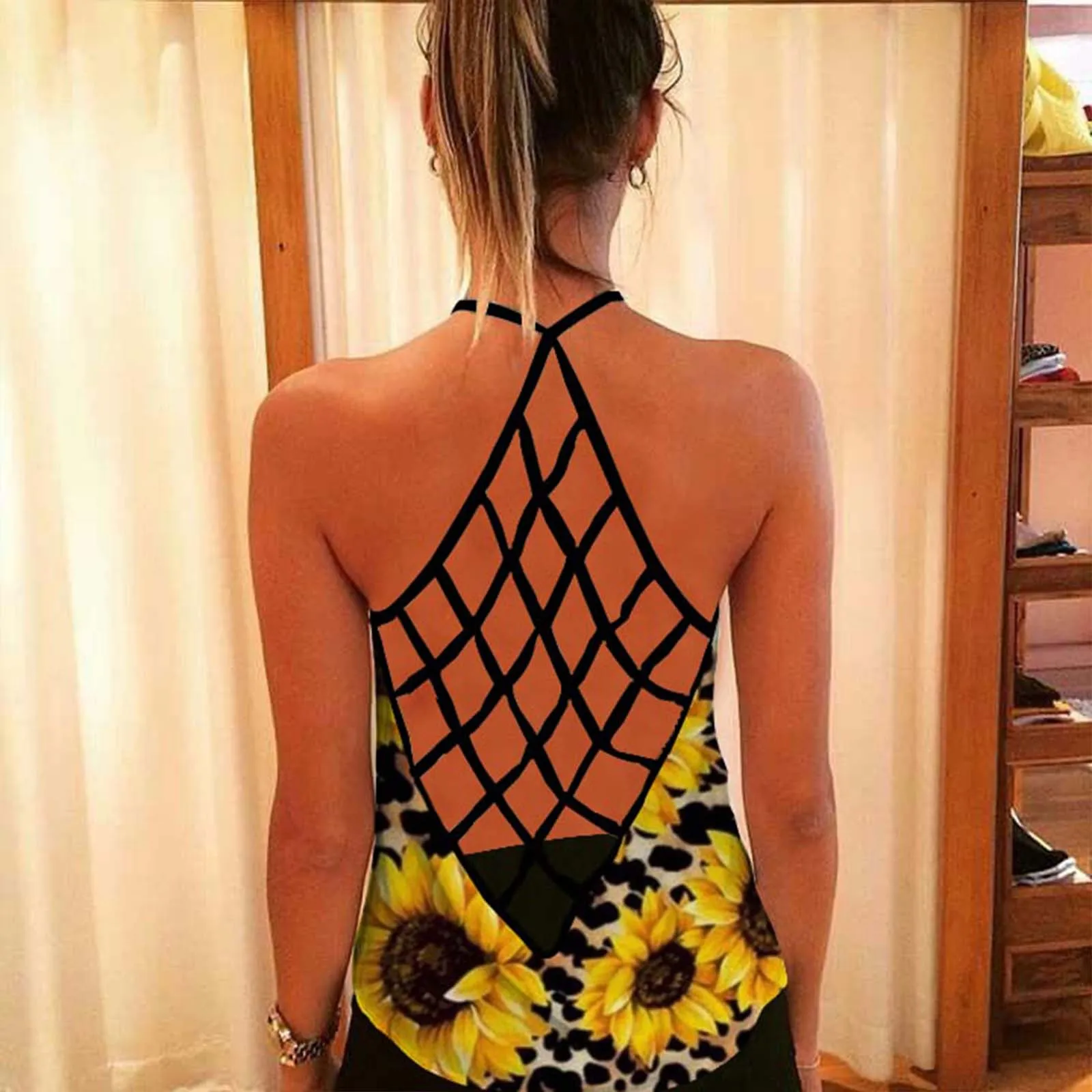 

Женский однотонный жилет с лямкой на шее, откровенный сетчатый жилет без рукавов с открытой спиной и принтом подсолнухов, мягкая Свободная ...