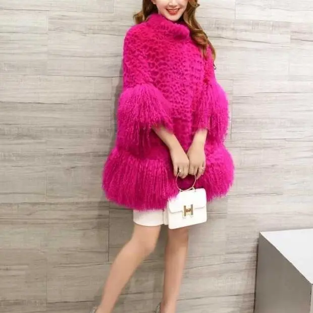 Женская модная шуба из натурального кроличьего меха с рукавами овечьего