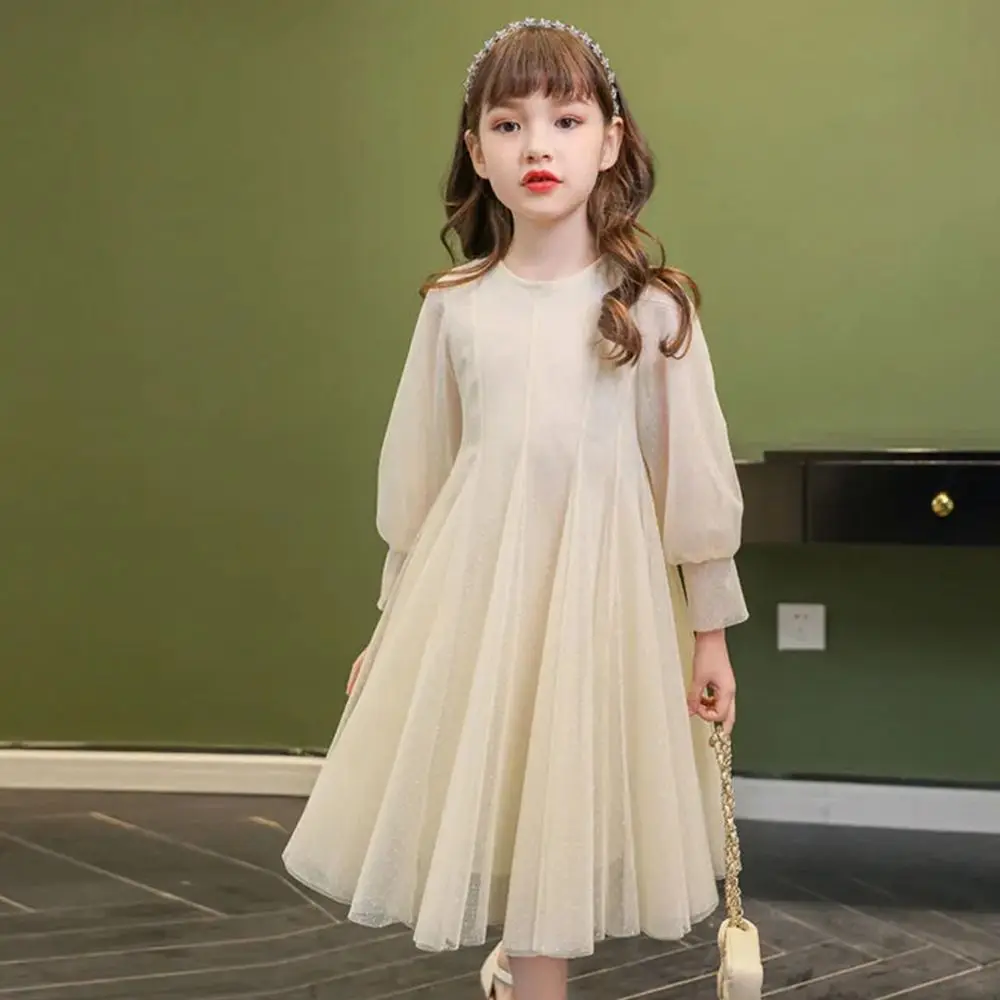 

2022 New Girls Dress Korean Style Kids Long Sleeve Party Dresses for Girls Solid Mesh Princess Dress Teeange Girl Clothing Child