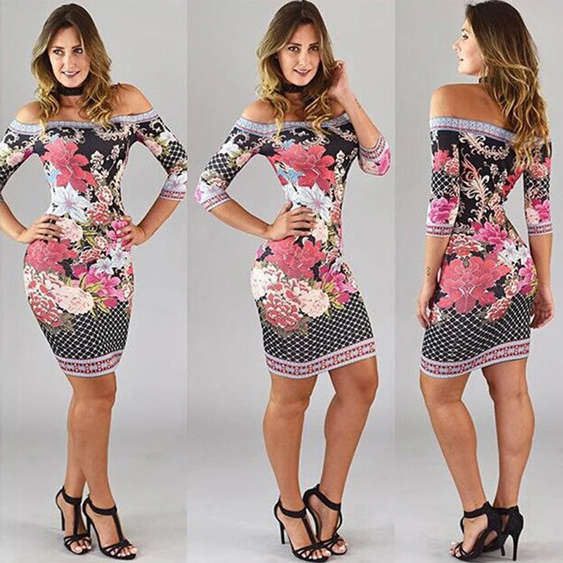 

Женское мини-платье с открытыми плечами, длинным рукавом и винтажным принтом