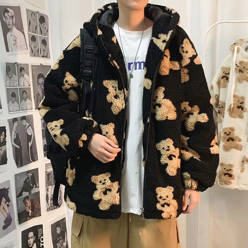 

Bear from the cartoons of lamb wool jacket with casual male hood zip up sweatshirt top male winter jacket with