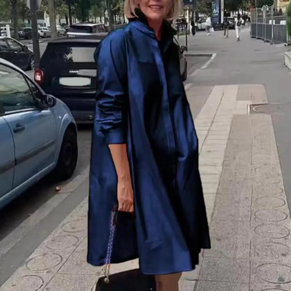 

Stylish Dress Breathable Mid-calf Length Buttons Shirt Dress Solid Color Cardigan Spring Dress for Shopping