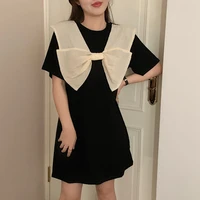 bow sweet cute black short sleeved mini summer style dress fashion blouses 2022 cheap vintage clothes for women female clothing