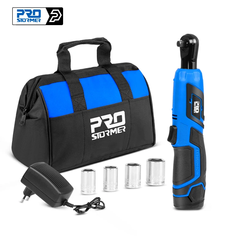 Электрический гаечный ключ 12V, угловая дрель, шуруповерт 3/8, беспроводной Трещоточный ключ, строительные леса, 40 нм, с отверткой, биты, разъем PROSTORMER