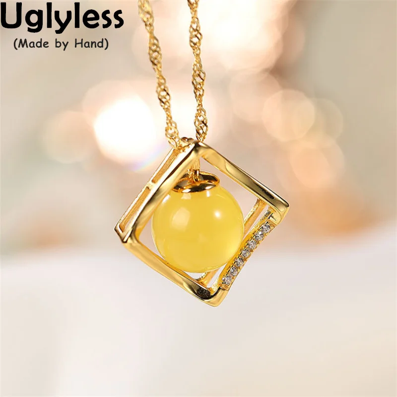 

Uglyless Hollow Square Gold Geometric Necklaces for Women Nature Amber Beeswax Dangle Pendants 925 Silver Fashion Jewelry +Chain