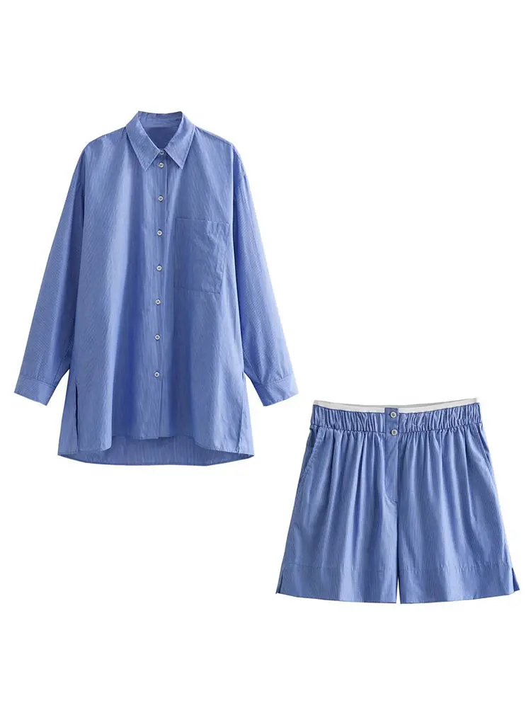 

Casual Striped Print Women's Waist Shorts Set Elegant Lapel Long Sleeved Pocket Shirt Outfit 2023 Autumn Lady Holiday Chic Suit