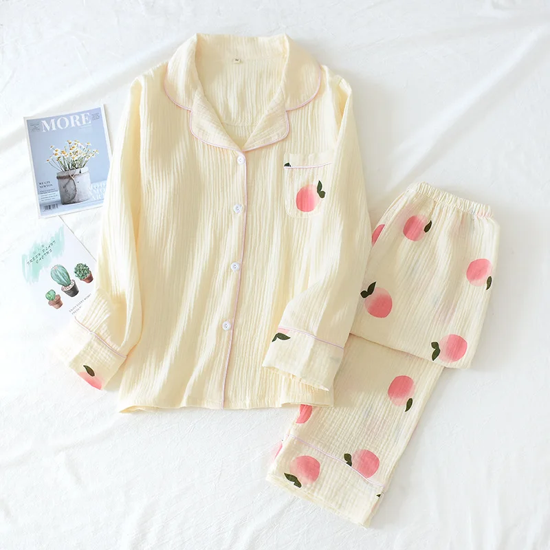 New Ladies Pajamas Set Crepe Cotton Double-Layer Home Wear Sleepwear Set Soft Comfortable Home Sleeping Clothing