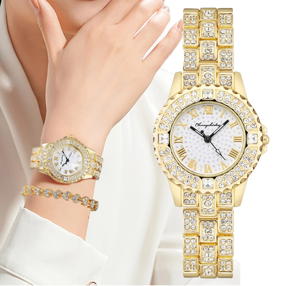 

Luxury Diamond Encrusted Women Watches Gold Fashion Ladies Quartz Wristwatches 2022 Brand Roma Clock Stainless Steel Bracelet