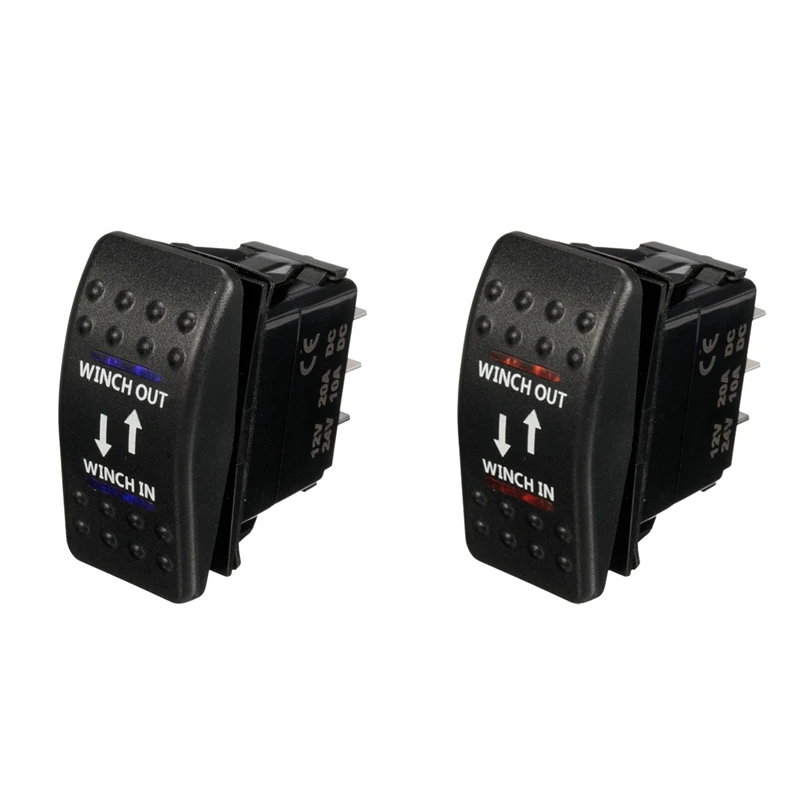 

2 Pcs 12V 20A Winch In Winch Out ON-OFF-ON Rocker Switch 7 Pin LED , Red & Blue