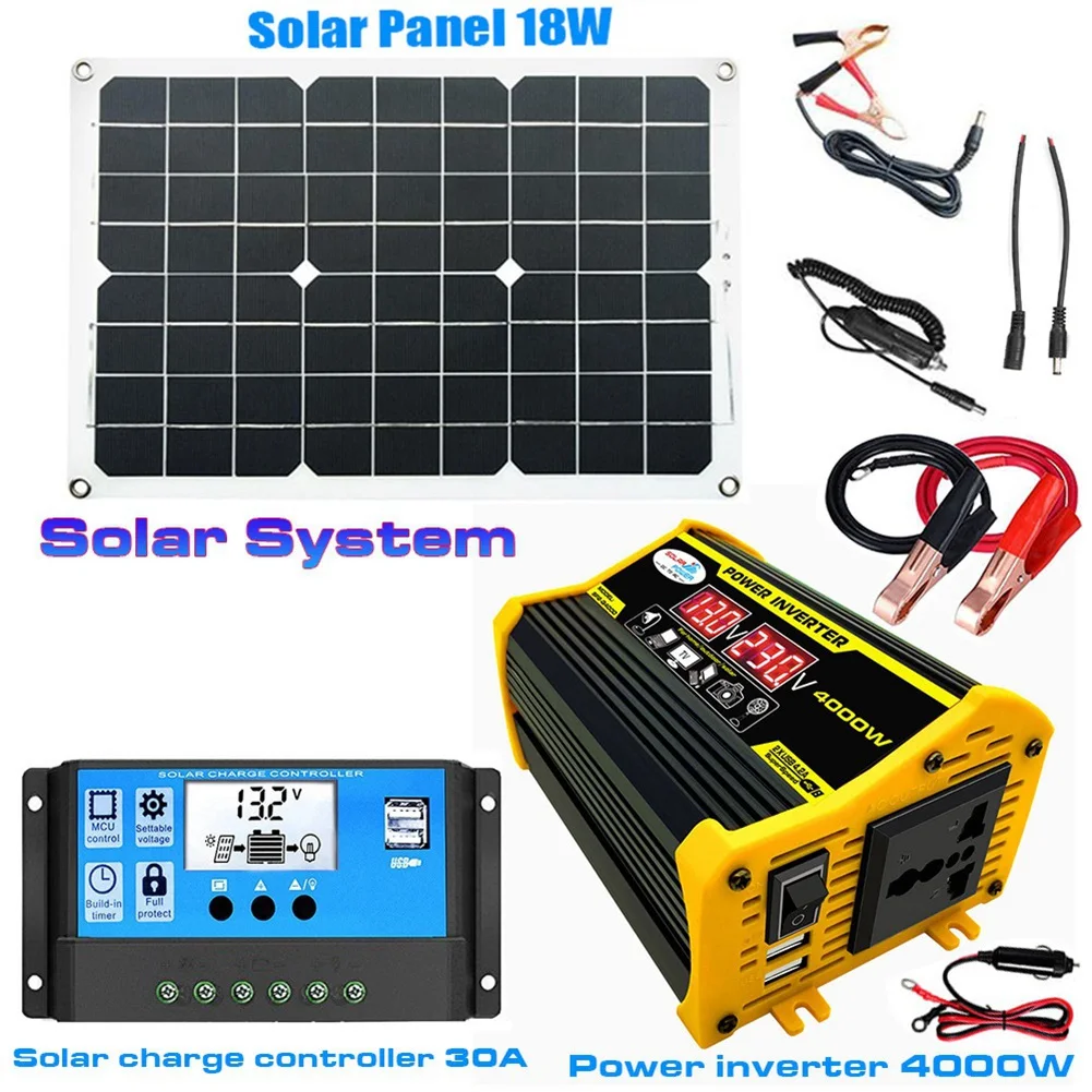 

4000W Power-Inverter 12V To 220V 18W Solar Panel 30A Controller Emergency Solar-Power Generator for Battery Charge