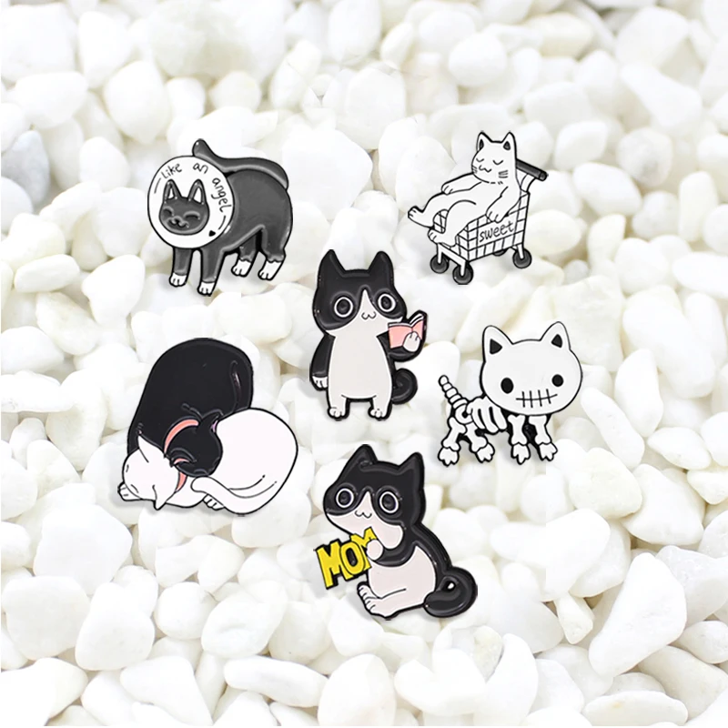 Броши-кошки Mom black white heart couple-кошки Fat cat sweet shopping cart Skeleton like an angel Read kitten Pins значки с