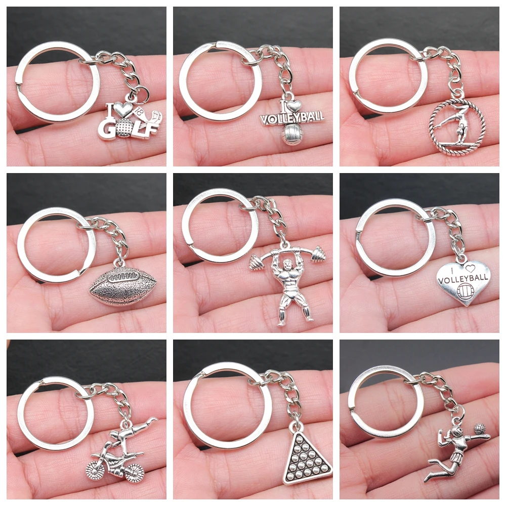 Sport Volleyball Golf Snooker Fitness Barbell Ski Baseball Football Keychain Keyring Party Gift For Friend Boy Girl Women Men