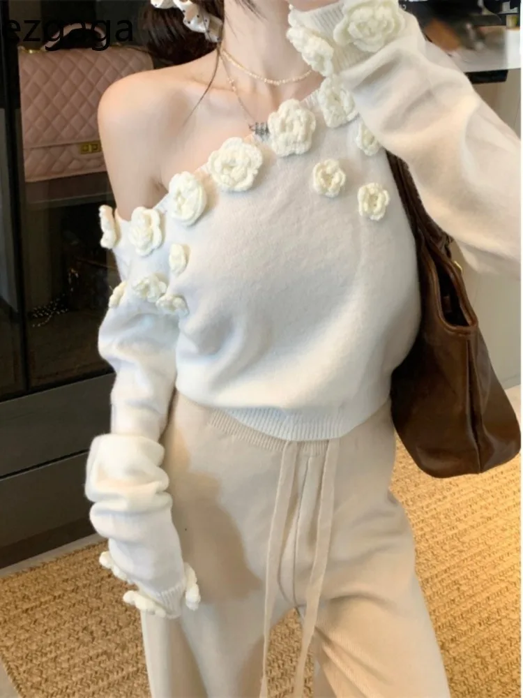 Ezgaga вязаный свитер для женщин с цветами открытыми плечами диагональный воротник