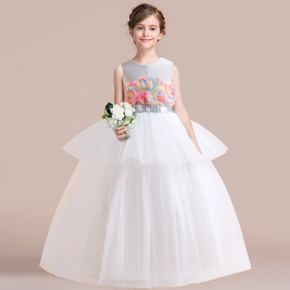 

2022 Elegant Princess Bow Girls Dress Summer Flower Lace Bridesmaid Party Dresses Costume Kids Wedding Dress For Girl Ball Gown