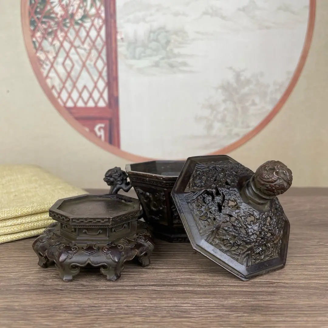 Антикварная рельефная курильница из бронзы четыре священных зверей для