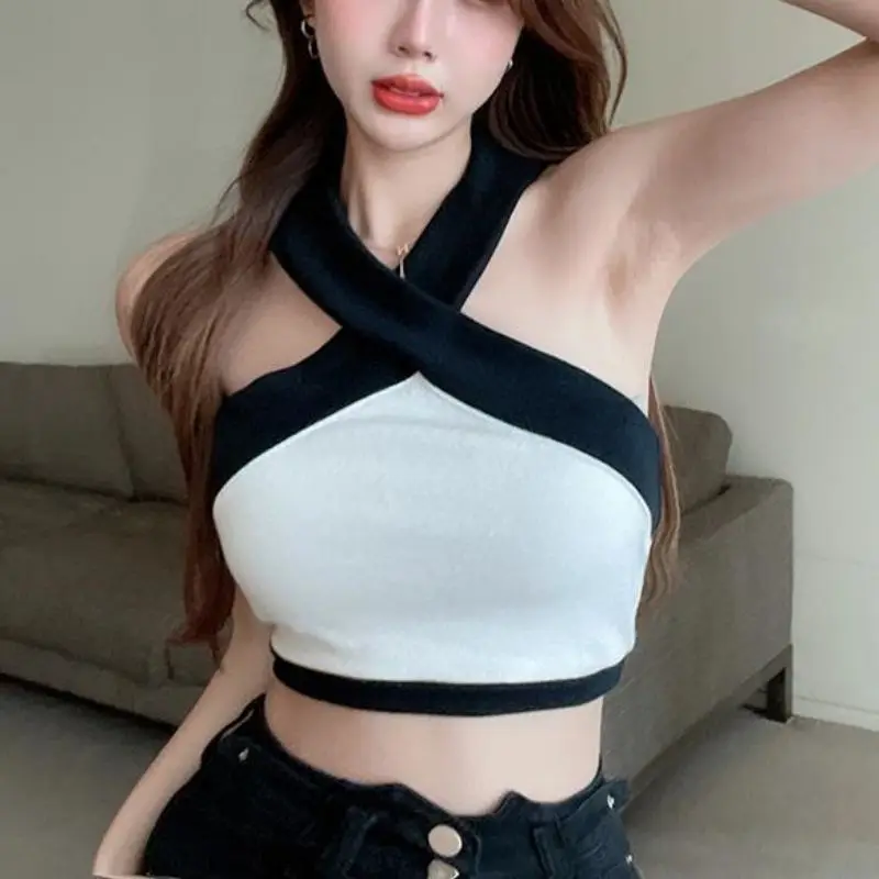 

Y2k Sexy Hot Girl Cross Halter Knit Camisole Women Summer Color Matching Off Shoulder Patchwork All-match Short Coat Tank Top