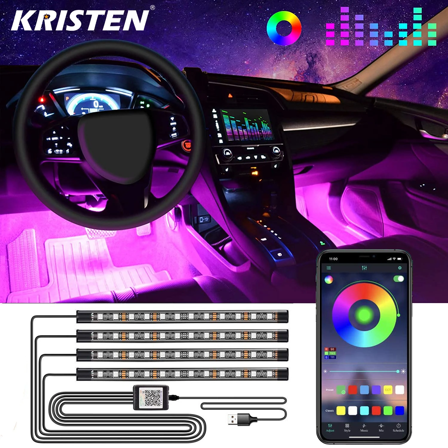 

Светодиодная лента RGB для салона автомобиля, декоративная Беспроводная лампа с USB, несколько режимов подсветки для автомобиля