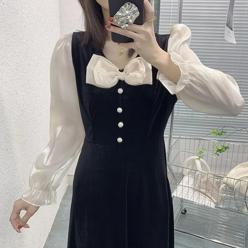 

2022 spring new French retro style black waist bow gold velvet long sleeve dress women