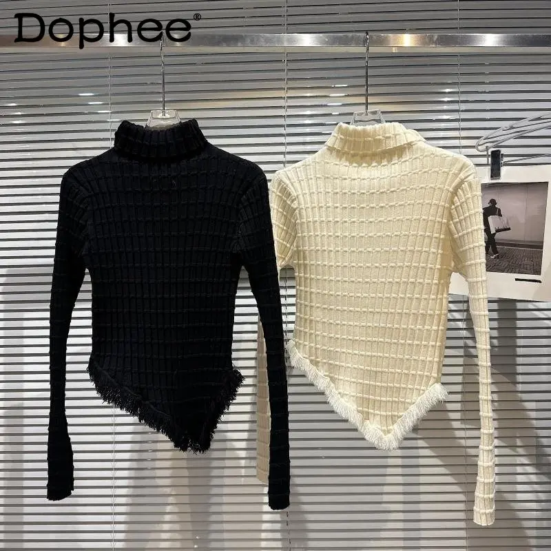 

Женский трикотажный свитер-водолазка, вязаный пуловер с длинным рукавом и кисточками из искусственного меха, зима 2022